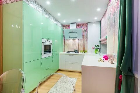 Кухня зеленая розовая
