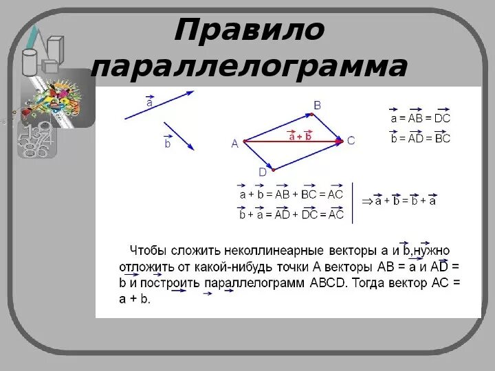 Закон суммы векторов. Сложение векторов правило параллелограмма. Вычитание векторов правило параллелограмма. Правило параллелограмма сложения двух векторов формула. Разность векторов правило параллелограмма.