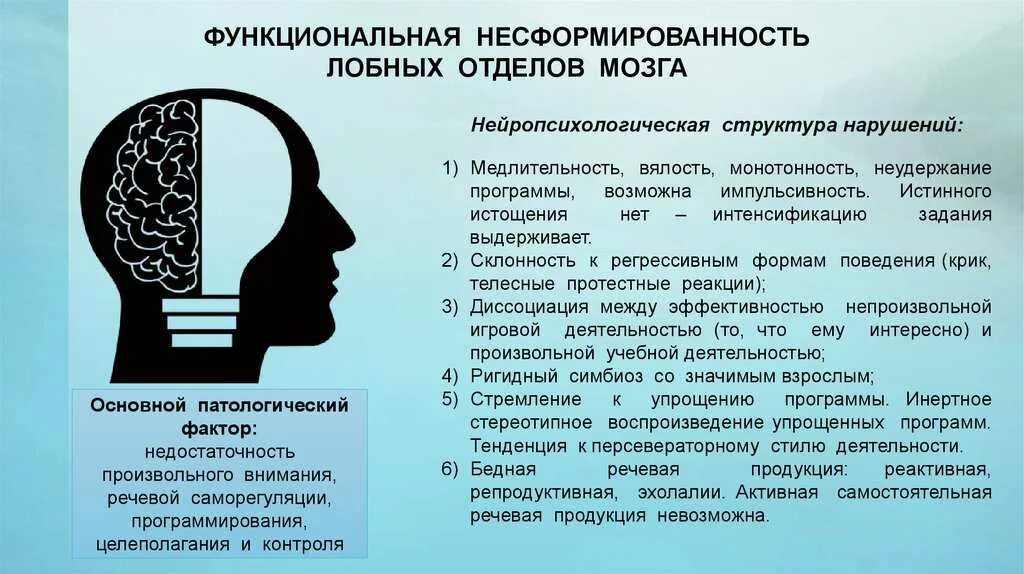 Патологии психической деятельности. Нарушение функций мозга. Несформированность лобных отделов мозга. Функциональная незрелость структур головного мозга. Нарушение структуры мозга у ребенка.