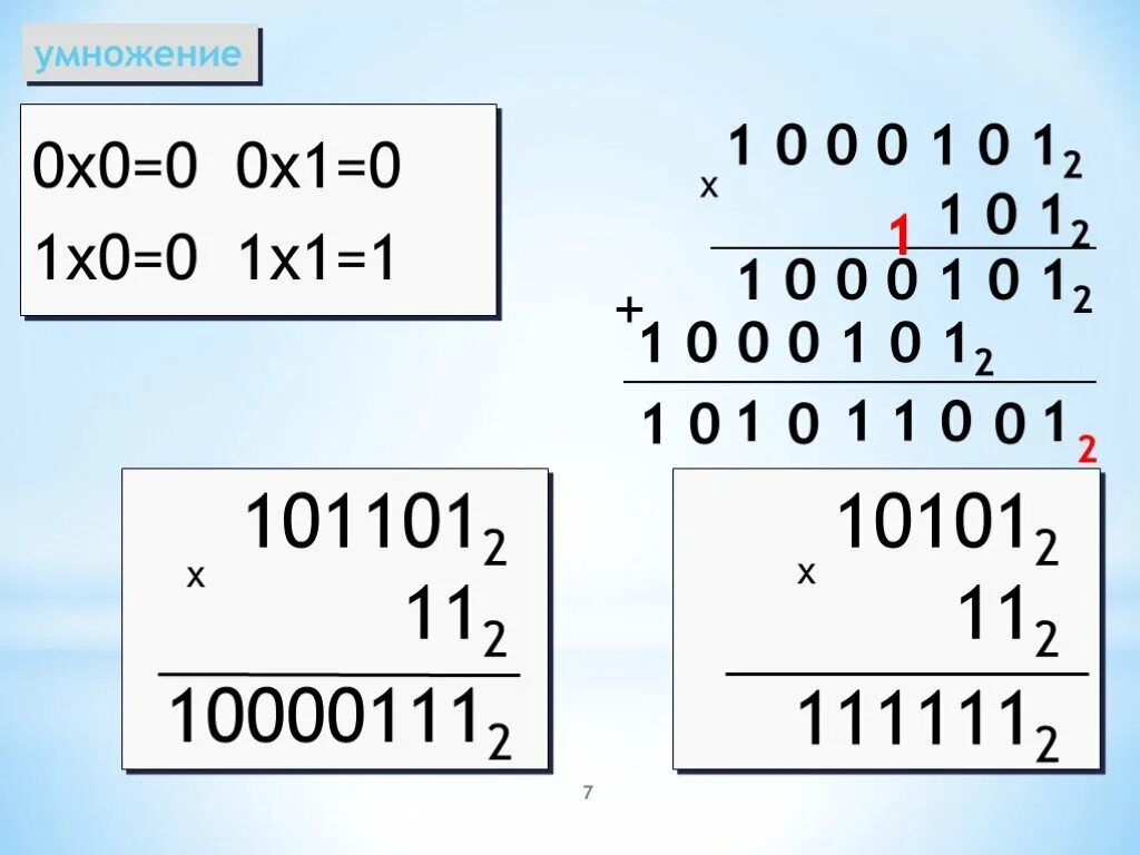 101 В двоичной системе. Умножение на 0 и 1. 111100 В двоичной системе. Умножение в двоичной системе счисления.
