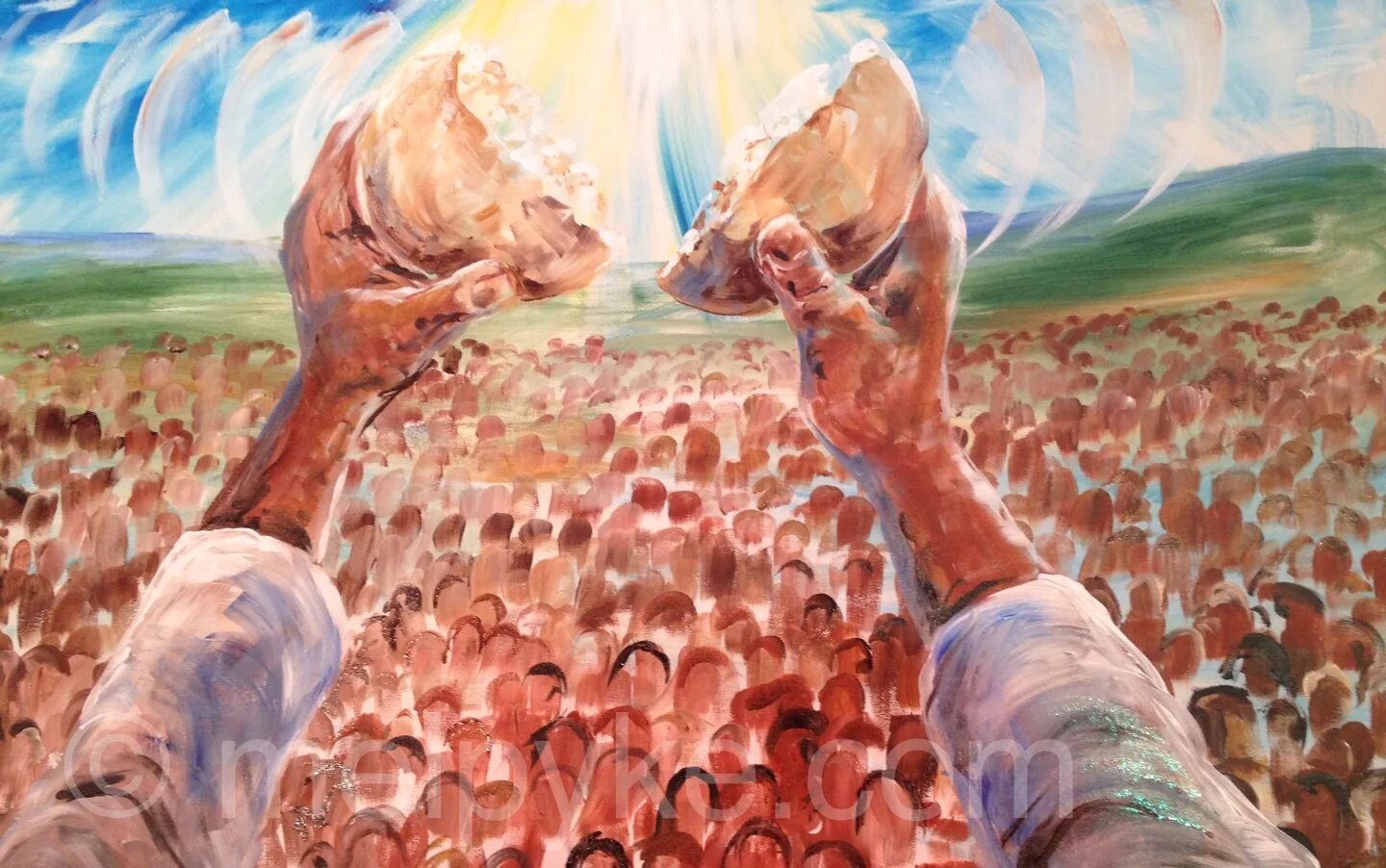 Люди узнали об этом через много. Иисус Христос и 5 хлебов. Иисус накормил 5000 человек 5 хлебами и 2 рыбами. Иисус 5000 люди. Пророческая живопись.