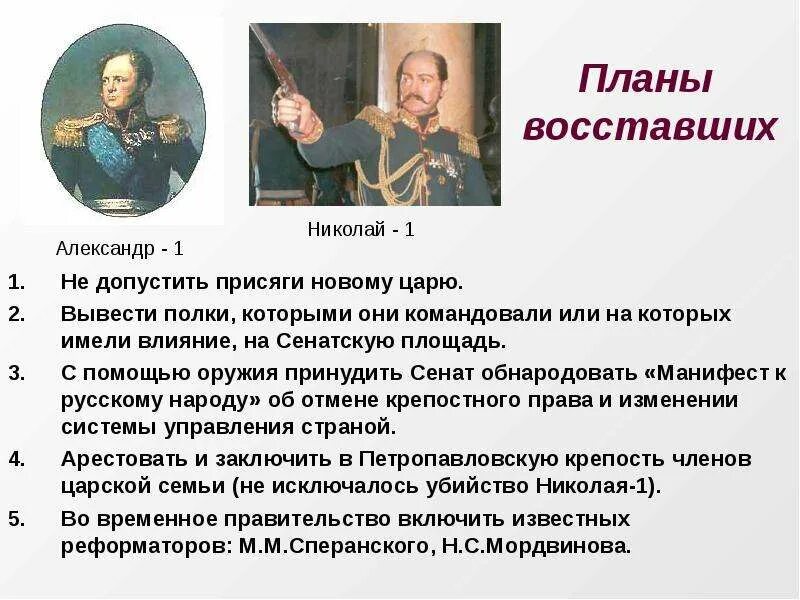 Почему трубецкой не явился на сенатскую. Присяга Сената Николаю 1. Планы восставших. Декабристы планы восставших.