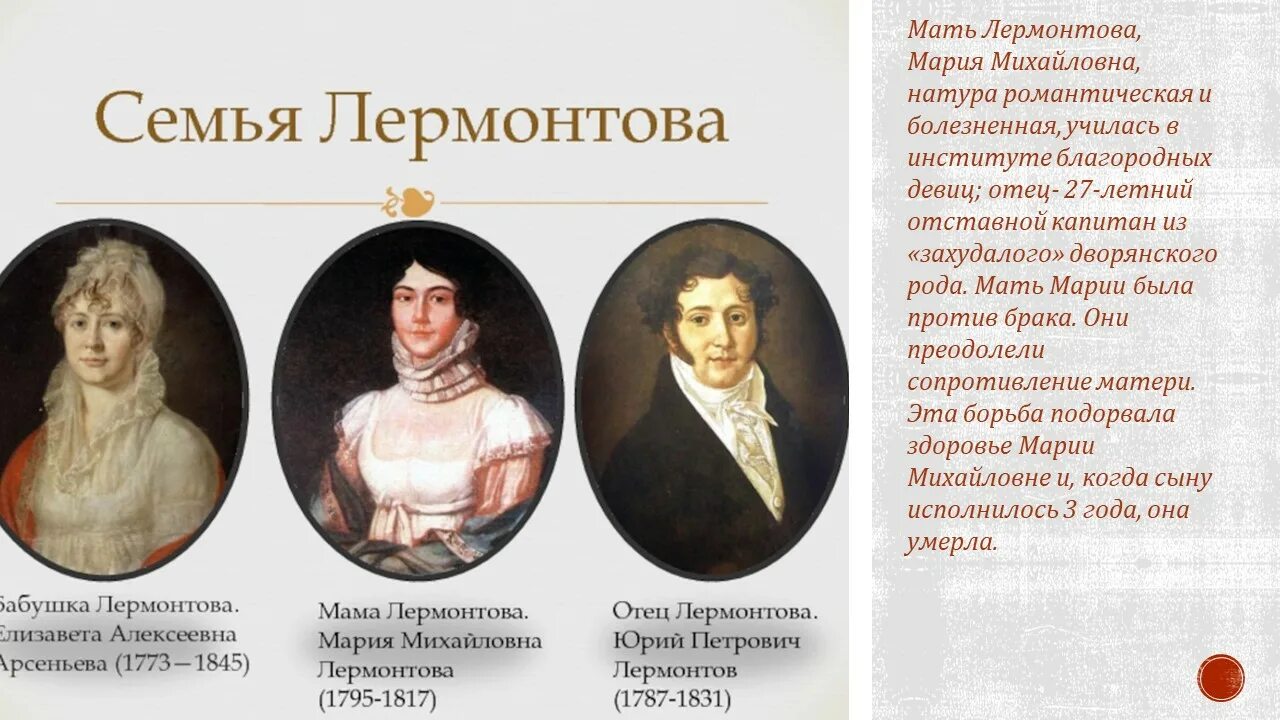 Кем был отец м. Семья Михаила Юрьевича Лермонтова. Отец Михаила Юрьевича Лермонтова.