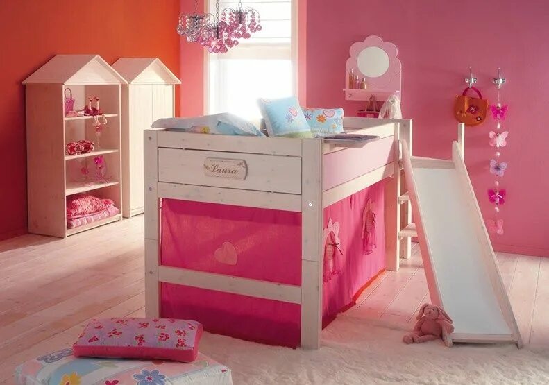 Pour filles. Кровать детская Space Pink. Children's Bed for girls Luxury hello Kitty with a Slide.