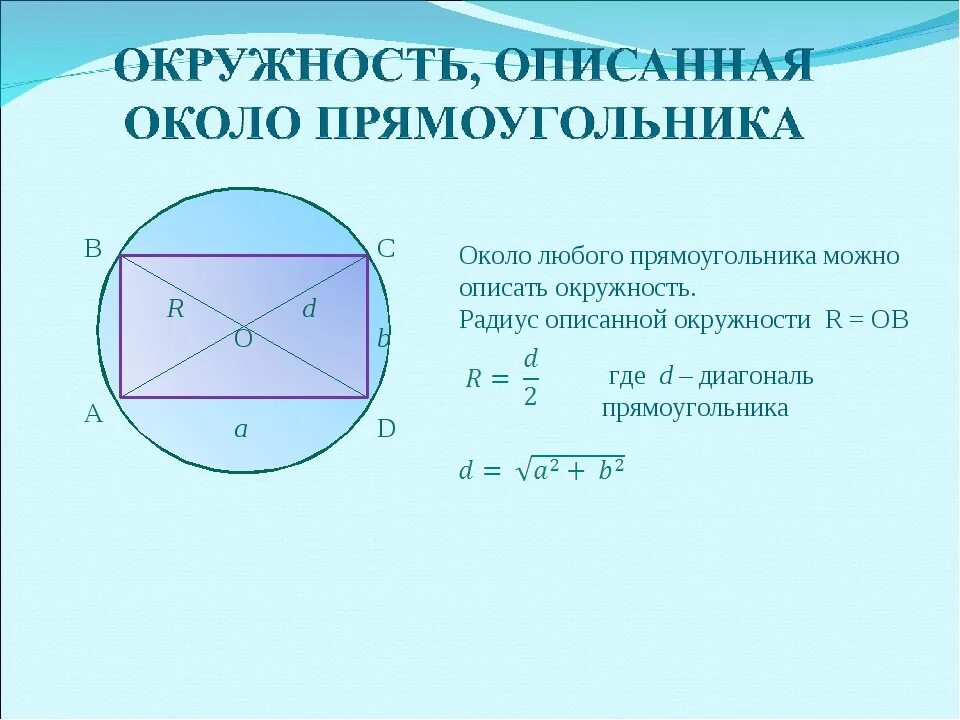 Около окружности с диаметром 15 см. Формула описанной окружности вокруг прямоугольника. Формула радиуса описанной окружности прямоугольника. Формула радиуса описанной окружности вокруг прямоугольника. Радиус описанной окружности около прямоугольника.