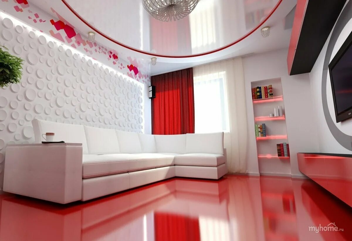 Натяжные потолки в квартирах белые. Красно белая гостиная. Интерьер с красными акцентами. Красно белый интерьер гостиной. Гостиная в красных тонах.
