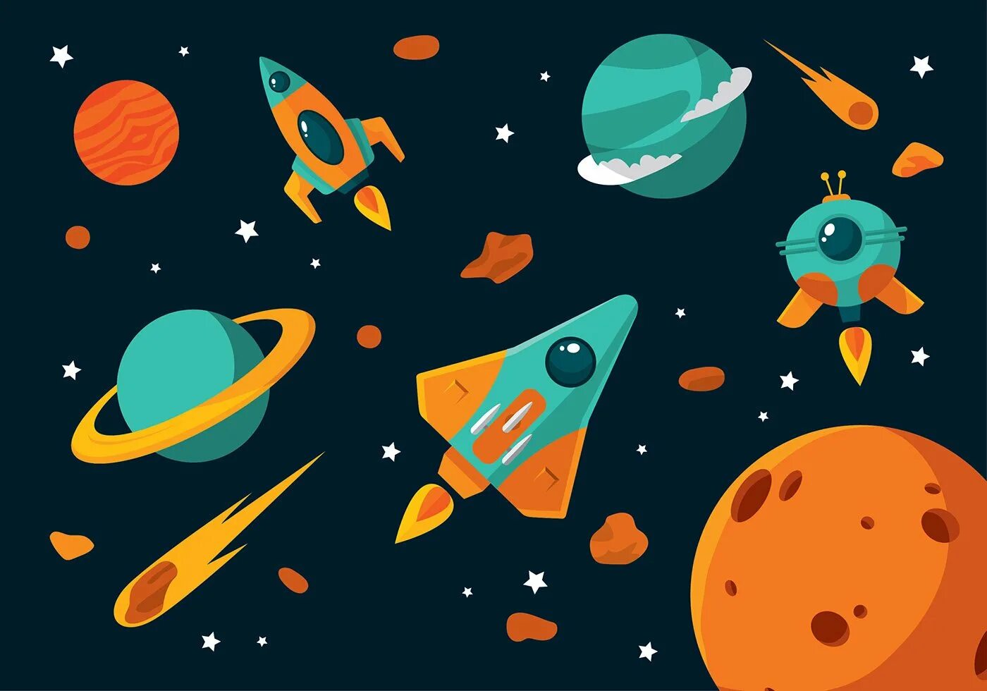 Космос элементы. Стилизованные планеты. космос мультяшный. космос иллюстрация. планеты мультяшные.