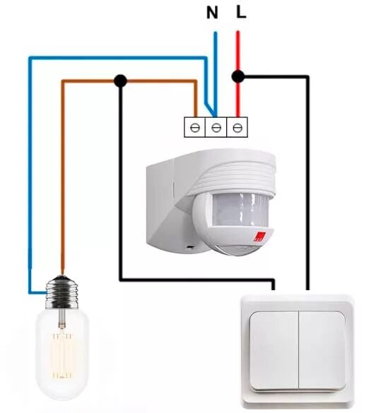 Схема соединения датчика движения через выключатель. Схема подключения датчика света и датчика движения для освещения. Схема подключения лампы с датчиком движения через выключатель. Схемы подключения датчика движения с выключателем для света. Подключение датчика движения к лампочке