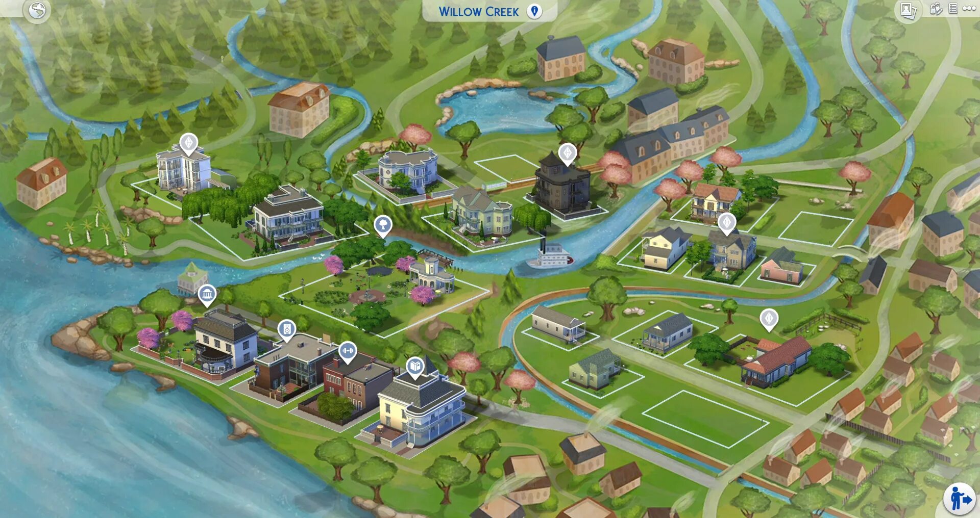 Sims 4 maps. Willow creek sims 4. симс 4 город виллоу крик. виллоу крик участки. карта виллоу крик.