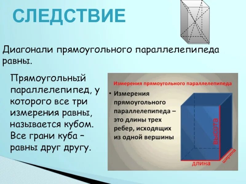 Кубом называется прямоугольный параллелепипед. Три измерения прямоугольного. Три измерения Куба. Следствие диагонали Куба.