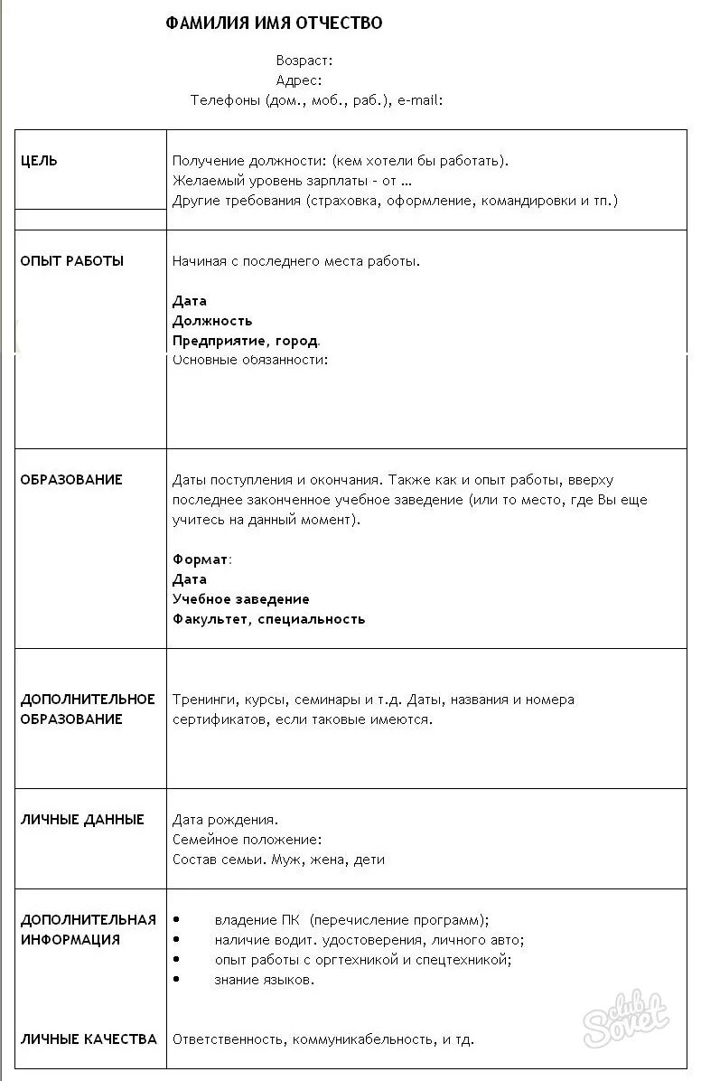 Форма заполнения резюме Word. Стандартная форма резюме образец. Форма заполнения резюме образец бланк. Резюме образец пустой.