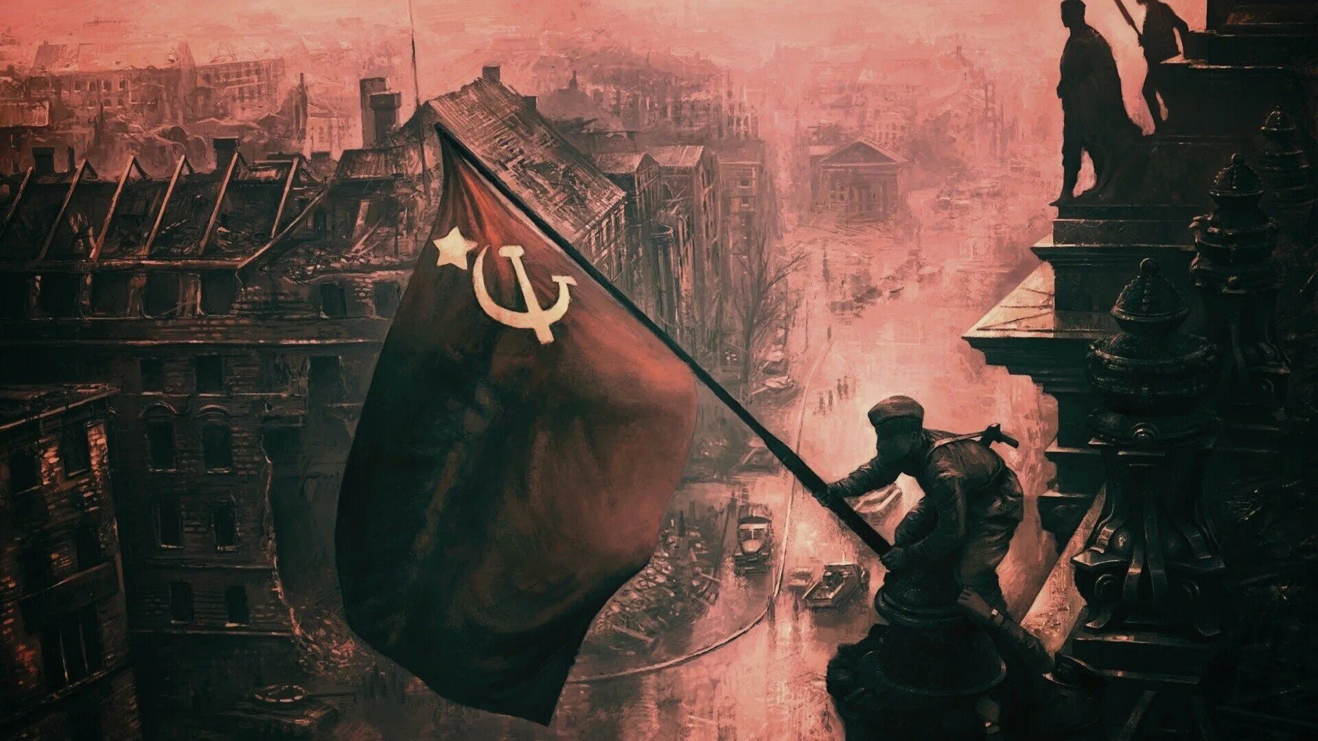 Вторая мировая фон. Флаг СССР над Рейхстагом. Флаг советского Союза на Рейхстаге. Знамя Победы над Рейхстагом в Берлине.