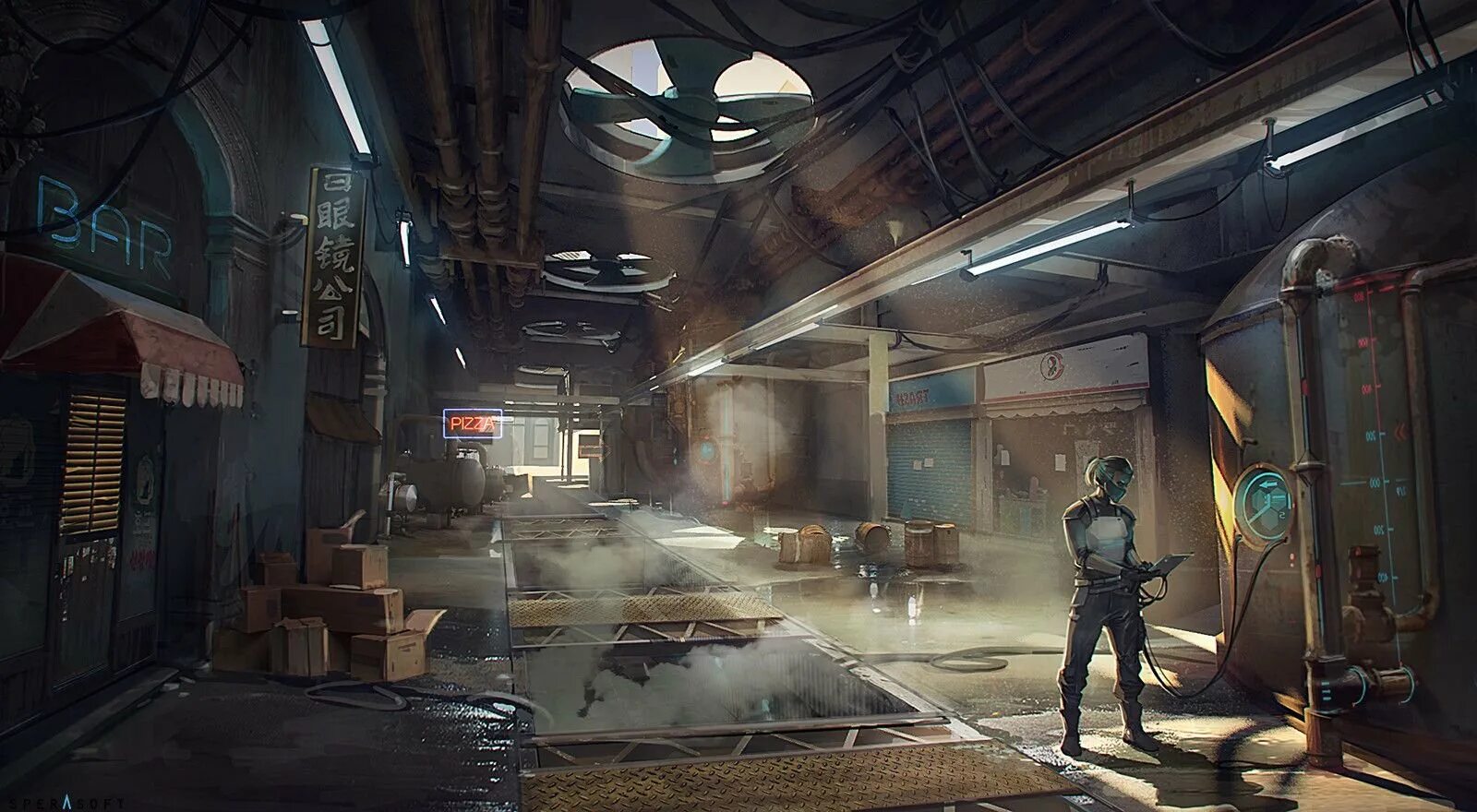 Гараж cyberpunk. Гараж киберпанк. киберпанк комната. киберпанк помещение. киберпанк автомастерская.