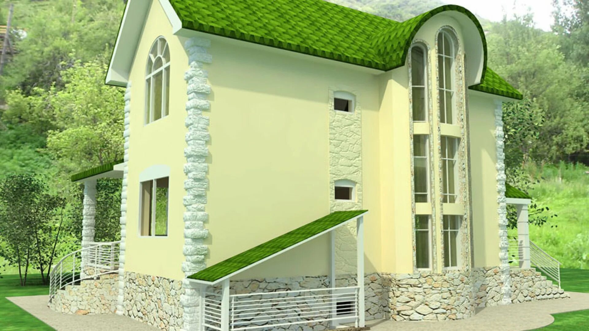 Фасад с зеленой крышей. Дом с зеленым фасадом. Салатовый фасад дома. Фасады домов с зеленой крышей.