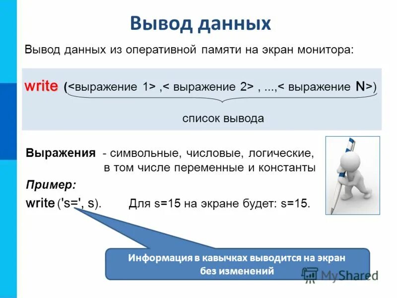 Вывод данных осуществляется с помощью. Символьные выражения в информатике. Вывод данных. "Вывод данных на экран" - выписать все Форматы. Ввод и вывод данных.