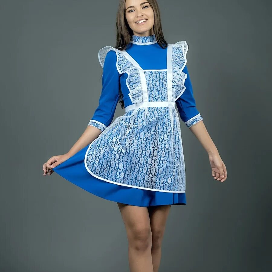 Платье с фартуком. Фартук выпускницы. Школьная форма CCCР. Синее платье с фартуком.