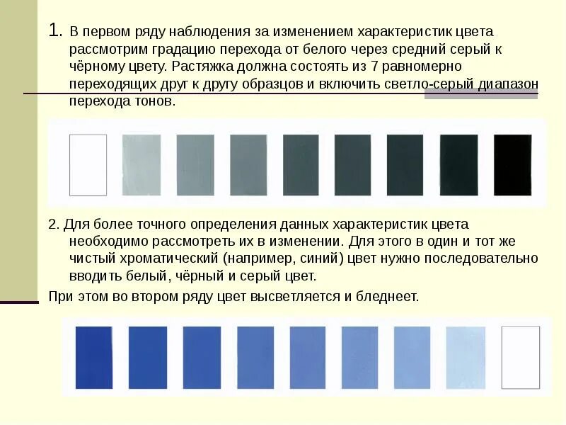 Изменение ряда. Цветовые характеристики цвета. Шкала изменения цвета по насыщенности и светлоте. Градация насыщенности цвета. Растяжки и изменение цвета по светлоте и насыщенности.