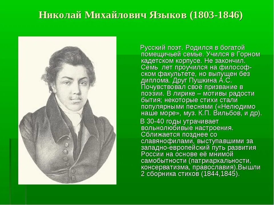 Писатель н языков. Николая Михайловича Языкова (1803-1846. Биография н м Языкова.