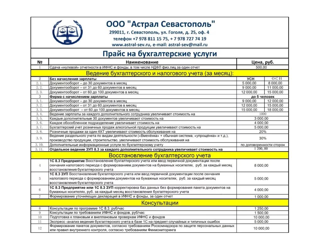 Восстановление учета организации. Расценки на бухгалтерское обслуживание. Прейскурант бухгалтерских услуг. Прейскурант на оказание услуг. Прейскурант на оказание бухгалтерских услуг.