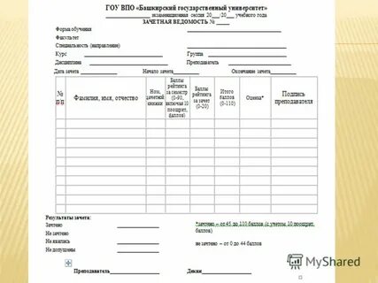 Зачетная ведомость образец