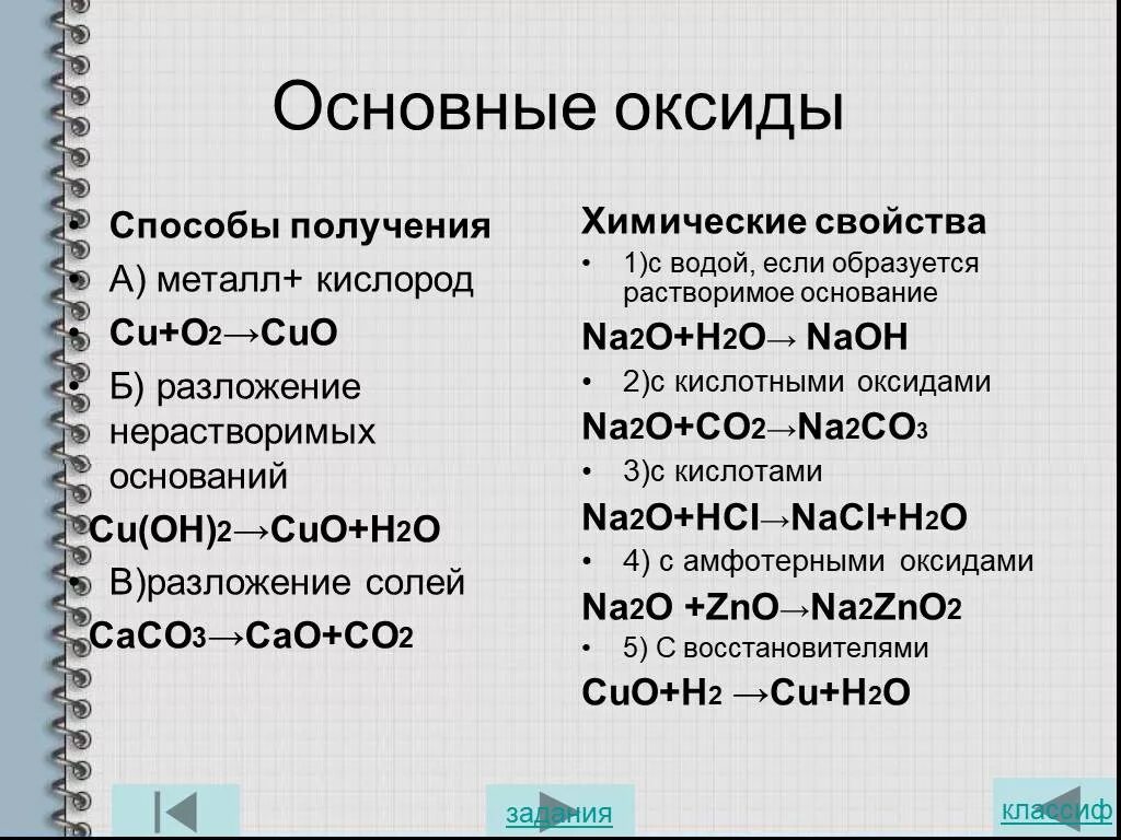 Перечислить основные оксиды