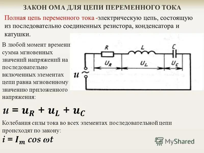 Цепь с последовательным соединением индуктивности. Закон Ома для электрической цепи переменного тока. Ток через резистор в RLC цепи. Закон Ома для пассивных элементов цепи переменного тока. Закон Ома для последовательной цепи переменного тока.