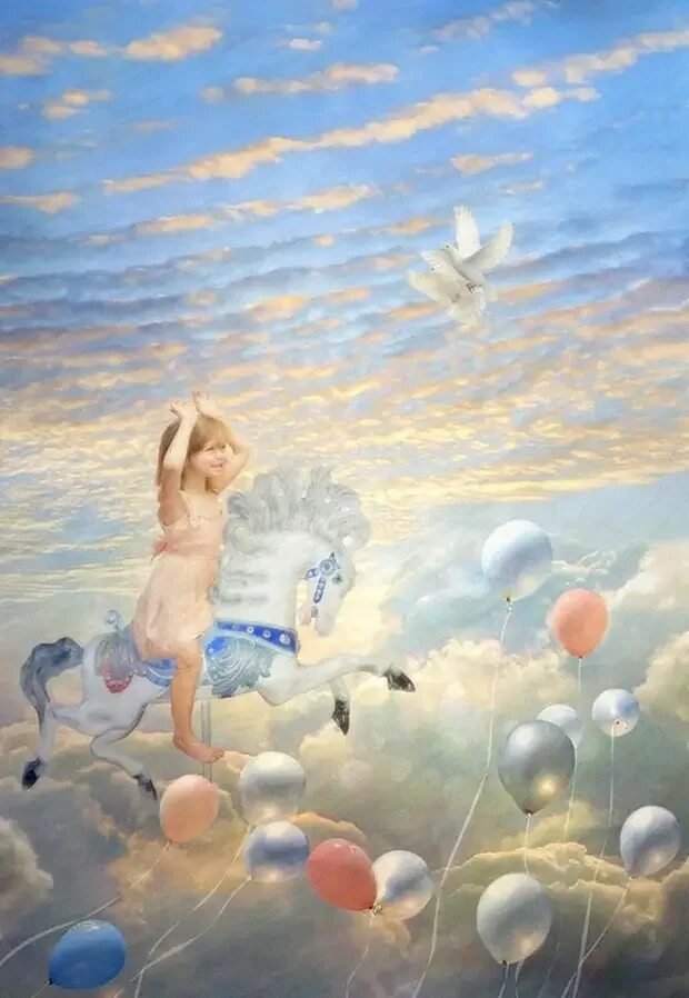 На шаре во сне. Художник Magdalena OWLL. Облако для детей. Картина счастье. Счастье живопись.
