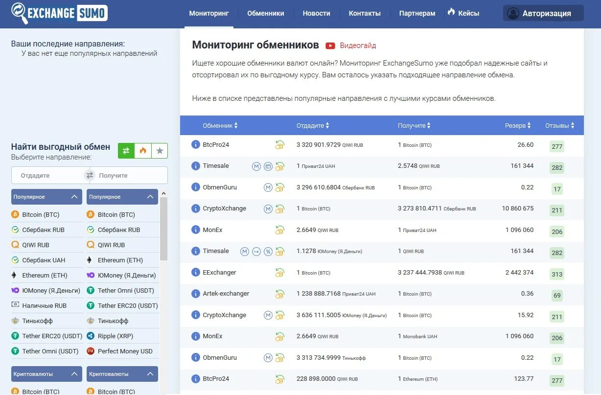 Обменник электронных валют. Мониторинг обменников EXCHANGESUMO. Электронные обменники валют. Мониторинг обменных пунктов.