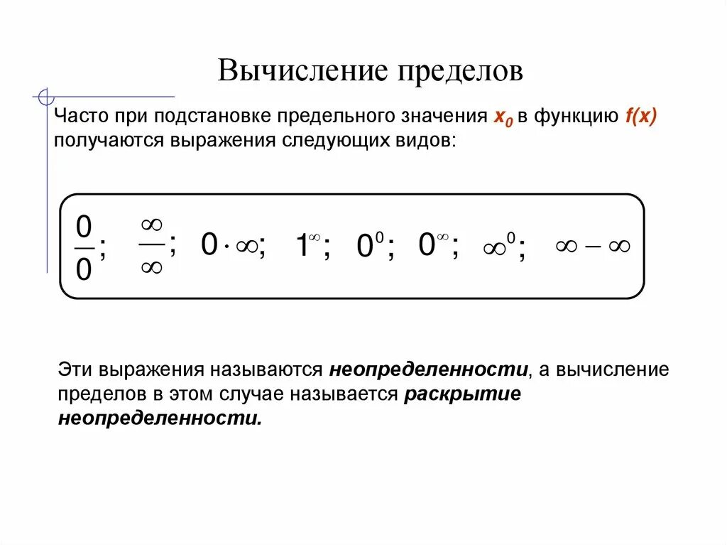 Предел выражения. Вычисление пределов. неопределенность виды неопределенности. виды пределов. типы неопределенностей.
