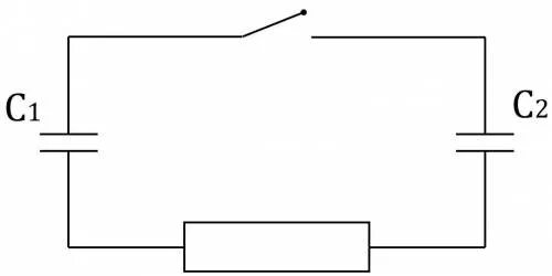 В цепи показанной на рисунке. Конденсаторы c1, c2. Напряжение в конденсаторе до замыкания ключа. До замыкания ключа два конденсатора ёмкостями c1. Конденсатор емкостью c 1 равный.