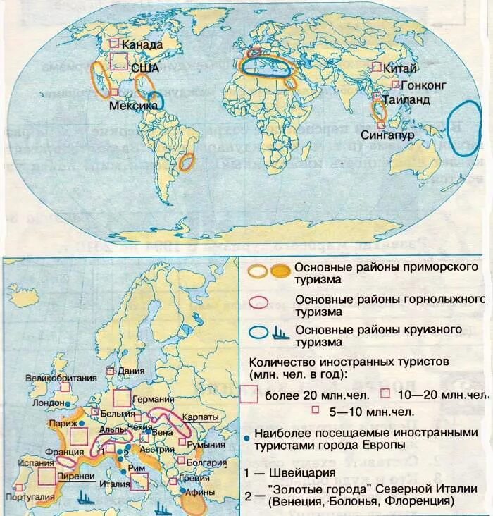 Крупнейшие центры туризма в россии. Основные районы международного туризма на карте. Картосхему основных районов международного туризма в Европе..