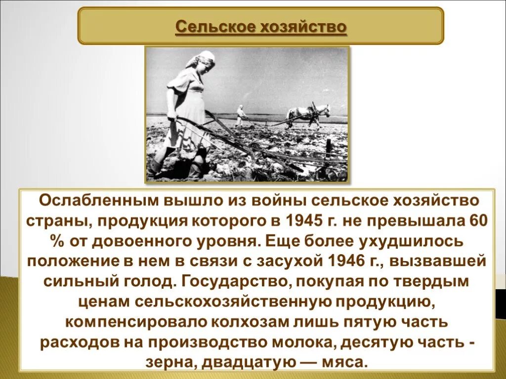 Автор описывает о событиях послевоенного времени. Сельское хозяйство после войны 1945. Сельское хозяйство СССР после второй мировой войны. Сельское хозяйство СССР В 1945-1953. Сельское хозяйство СССР В послевоенные годы.