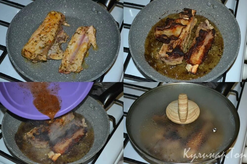 жареные ребрышки на сковороде. жареные говяжьи ребрышки. свиные рёбрышки на сковороде.