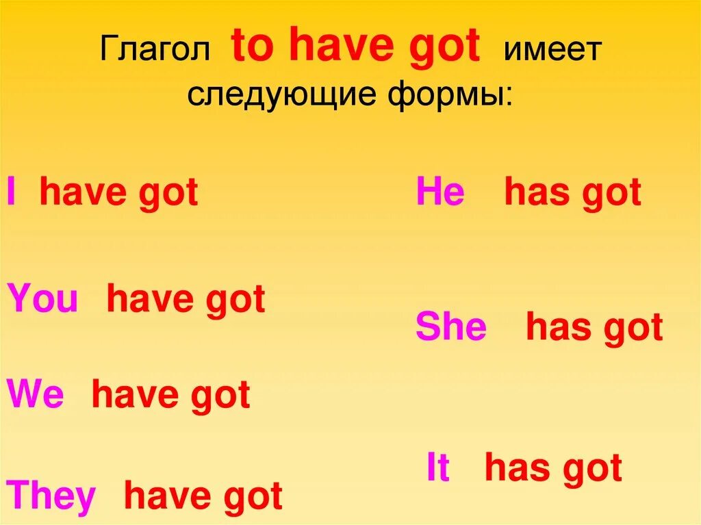 Have table. To have &amp; have got (глагол &quot;иметь&quot;). формы глагола have got. спряжение глагола have got 2 класс. глагол have has got утвердительная форма.