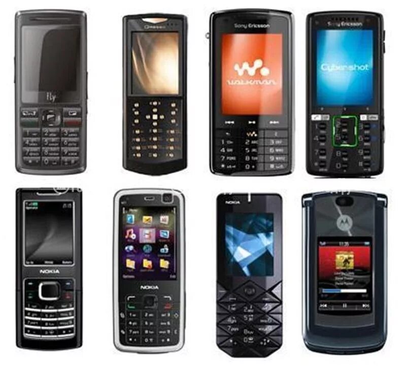 Ассортимент телефонов. Мобильные телефоны 2007 года. Техника телефон.