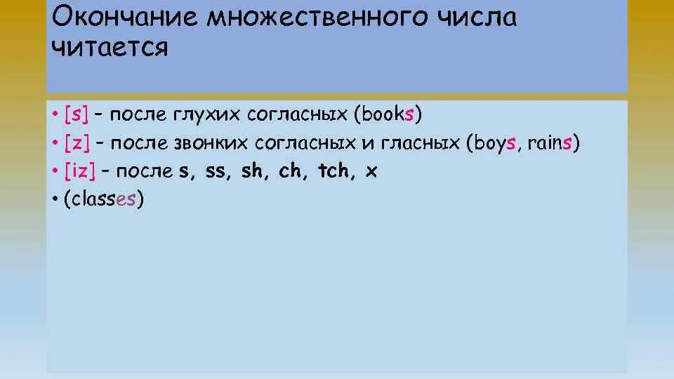 Добычей окончание. Правило чтения окончания s во множественном числе. Чтение множественного числа в английском языке. Чтение окончания во множественном числе английский. Множественное число в английском произношение окончаний.