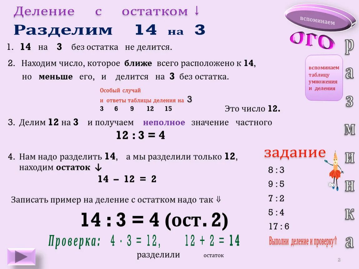 6 3 делить на 10. Деление с остатком. Приемы письменного деления с остатком. 14 Делим на 3. Деление без остатка.