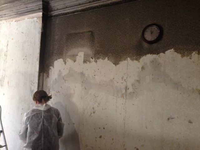 Очистка потолка после пожара. Уборка офисов после пожара. Очистка потолка после пожара. Очистка потолка после пожара. Копоть на стене.