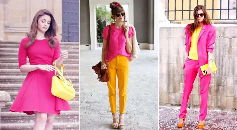 Розовый с желтым какой цвет. Фуксия и желтый сочетание. Сочетание цветов желтый и розовый в одежде. Сочетание цветов с розовым ярким. Фуксия сочетание цветов в одежде.