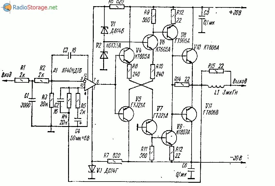 Выходные унч. Схема транзисторного усилителя на кт808. Схемы транзисторных усилителей на 30 ватт. Усилитель УНЧ на транзисторах кт808а. Усилитель с питанием 40 вольт схема на транзисторах кт808а.