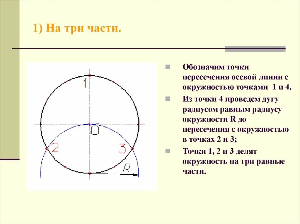 Окружности на три равные части точками. Три точки на окружности. Окружность с осевыми линиями. Делим окружность на 3 части.