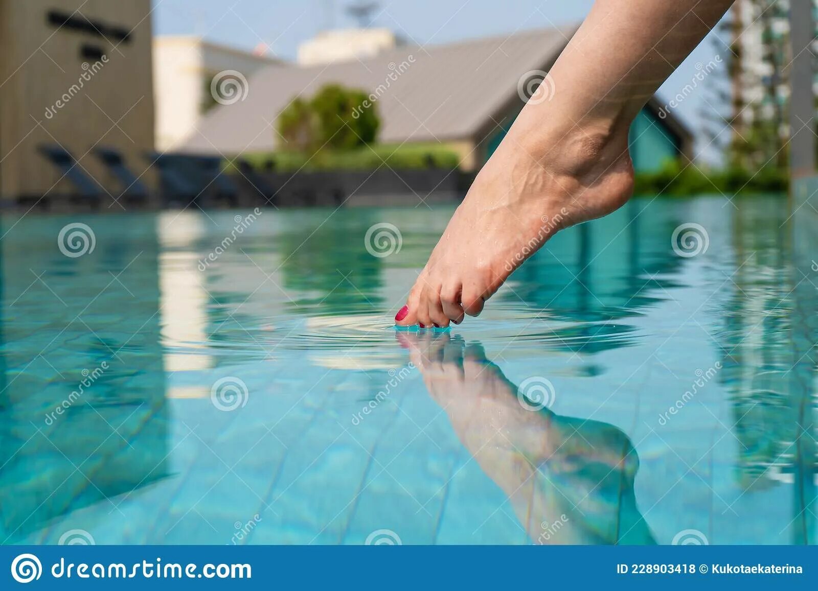 Дерево ногами в воде. Ноги в бассейне. Нога касается воды. Стопы девочек в бассейне.