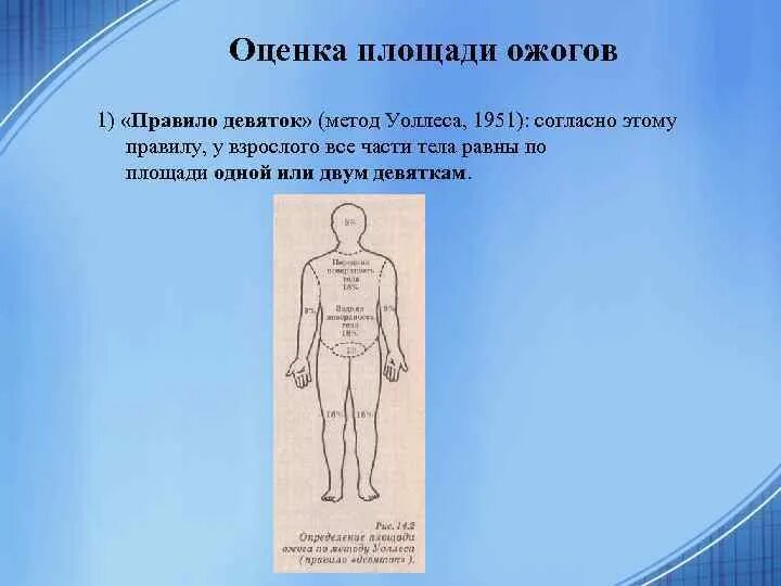 Опасные для жизни ожоги площадью. «Правило девяток» Уоллеса (1951). Метод Уоллеса правило девяток. Способы оценки площади ожога.