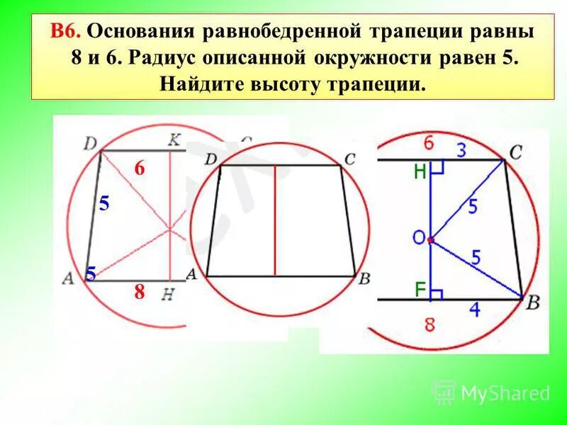 Средняя линия трапеции через окружность. Окружность вписанная в равнобедренную трапецию. Трапеция описанная около окружности.