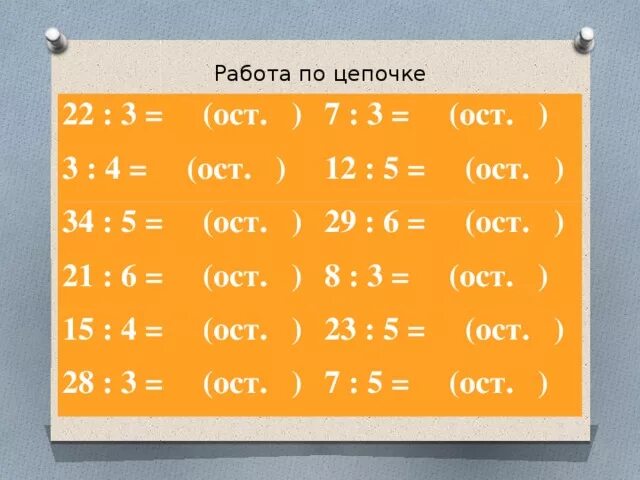 35 ост 3. :4=6(Ост3). ?:3=3(1 ОСТ). 3:15(ОСТ.3). :6=7(ОСТ.4).