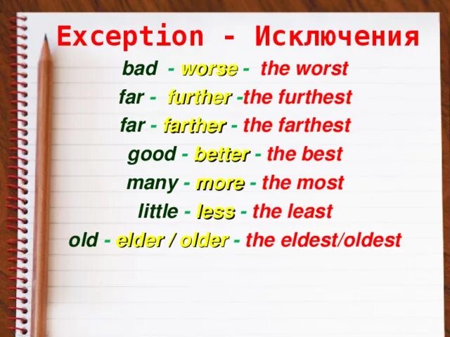 Bad исключение. Good better the best правило. Farther и further различия. Исключения good better the best. Further vs farther