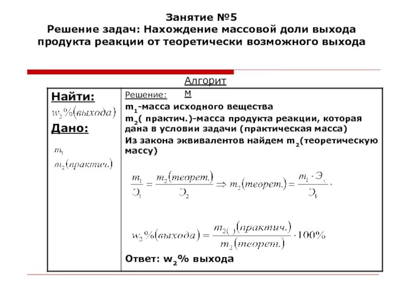 Расчет продуктов реакции. Решение задач на выход продукта реакции. Задачи по нахождению массовой доли.