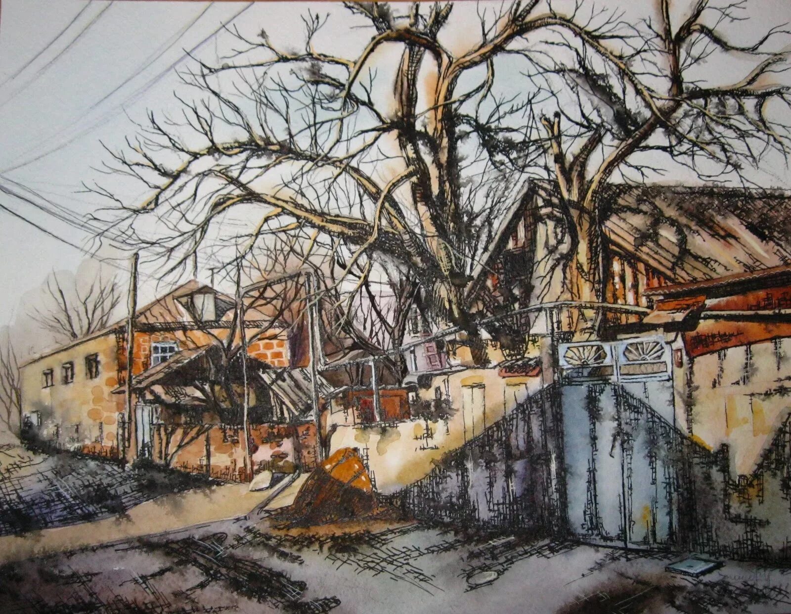 Городской пейзаж в графике. Графика акварель и тушь. Акварель и тушь. Рисование акварелью и тушью. Акварельные зарисовки.