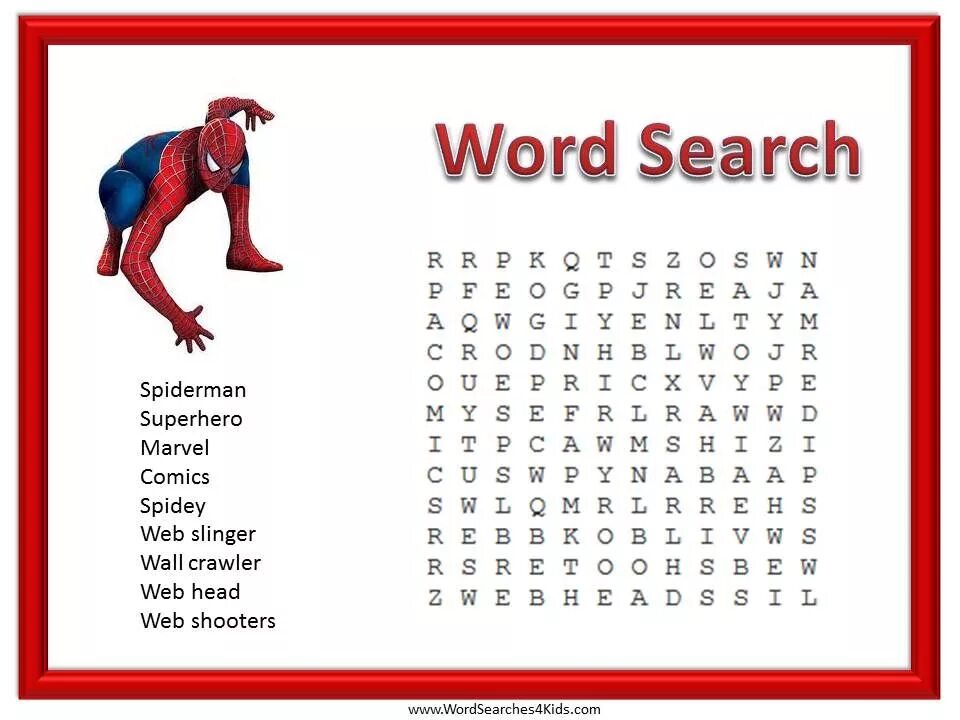 Как по английски будет паук. Marvel Wordsearch. Человек паук на английском языке. Spider man Wordsearch. Человек паук Worksheets for Kids.