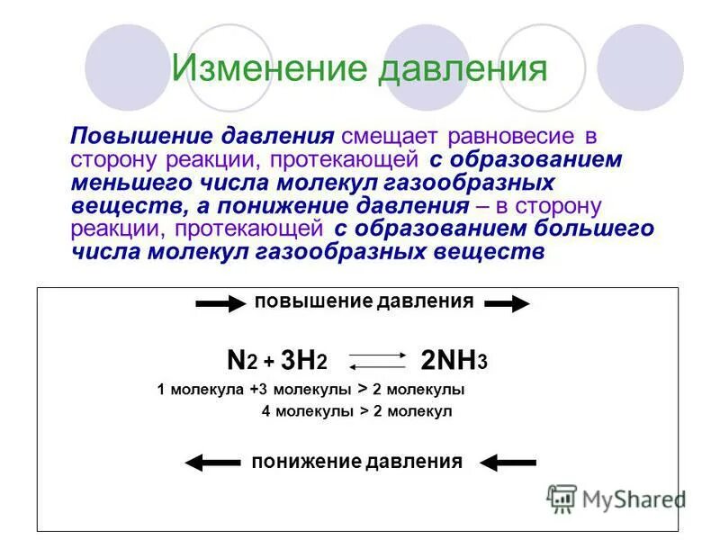 Изменение давления смещает равновесие. Повышение давления смещение равновесия. При повышении температуры равновесие смещается в сторону. Направление реакции при повышении температуры